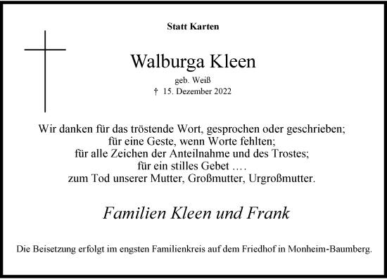 Traueranzeige von Walburga Kleen von Rheinische Post