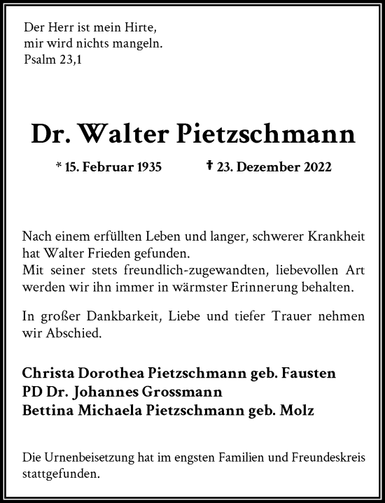 Traueranzeige von Walter Pietzschmann von Rheinische Post