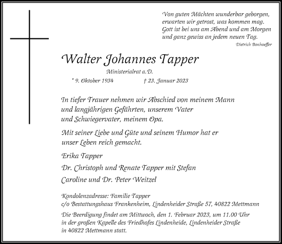 Traueranzeige von Walter Johannes Tapper von Rheinische Post