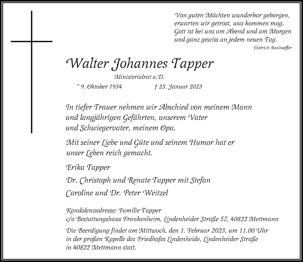  Traueranzeige für Walter Johannes Tapper vom 28.01.2023 aus Rheinische Post