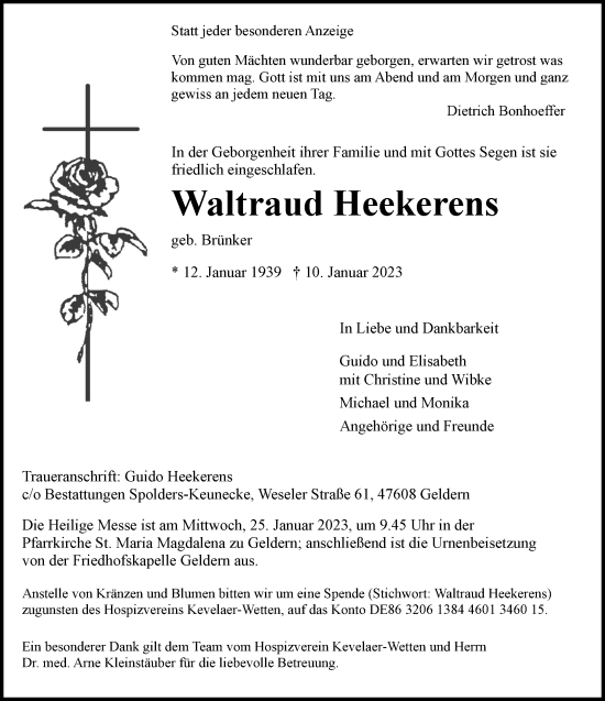 Traueranzeige von Waltraud Heekerens von Rheinische Post
