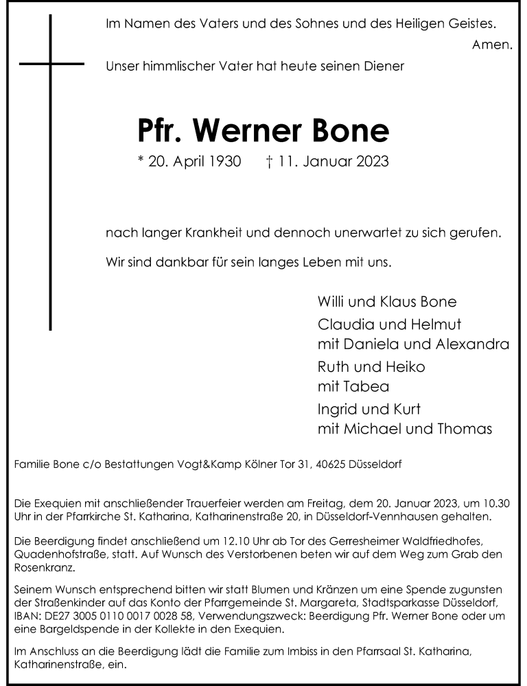  Traueranzeige für Werner Bone vom 14.01.2023 aus Rheinische Post