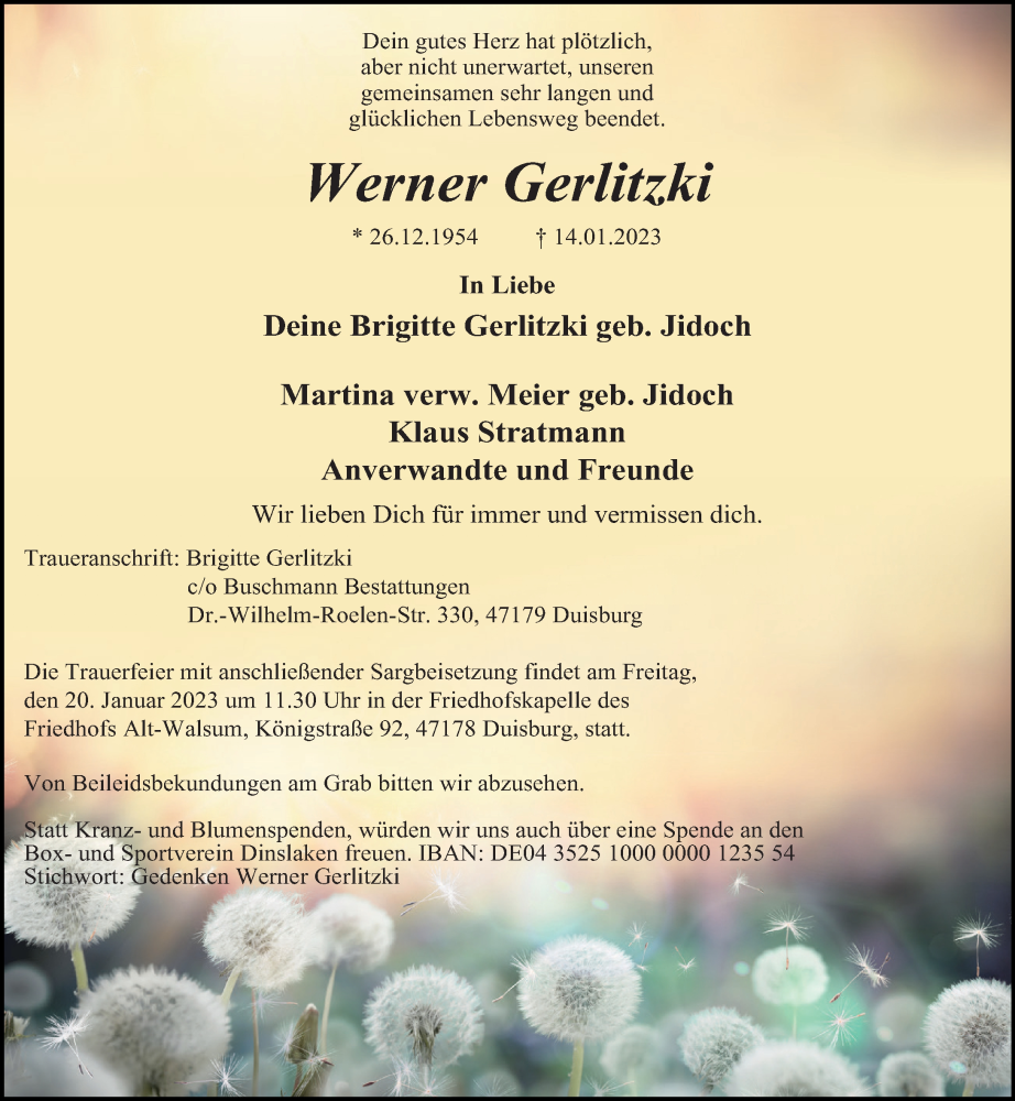  Traueranzeige für Werner Gerlitzki vom 18.01.2023 aus Rheinische Post