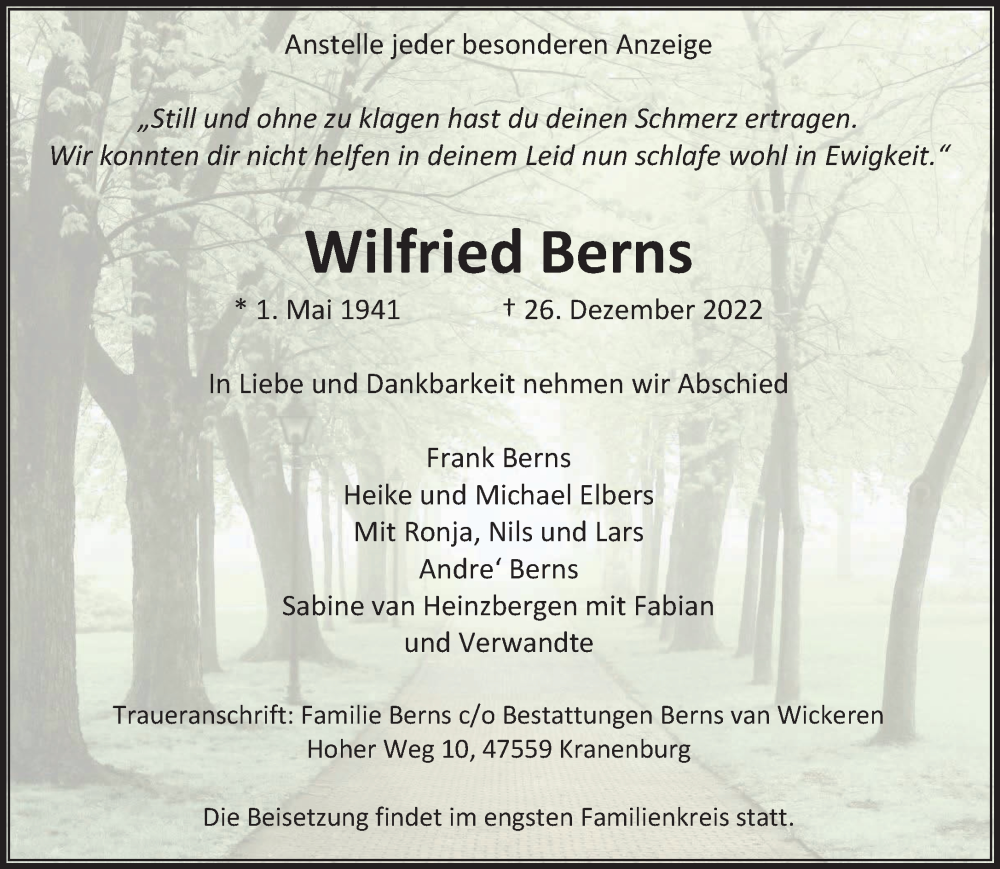  Traueranzeige für Wilfried Berns vom 06.01.2023 aus Rheinische Post