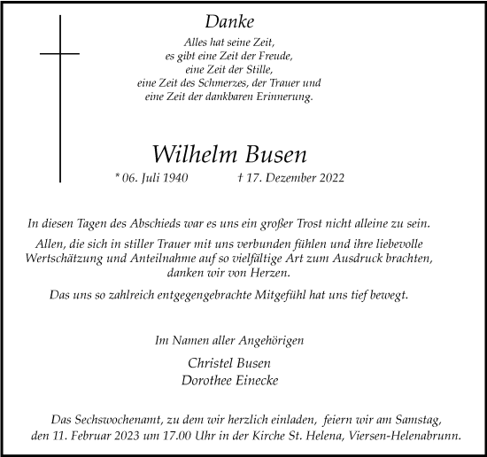 Traueranzeige von Wilhelm Busen von Rheinische Post
