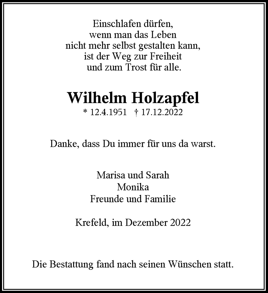  Traueranzeige für Wilhelm Holzapfel vom 14.01.2023 aus Rheinische Post