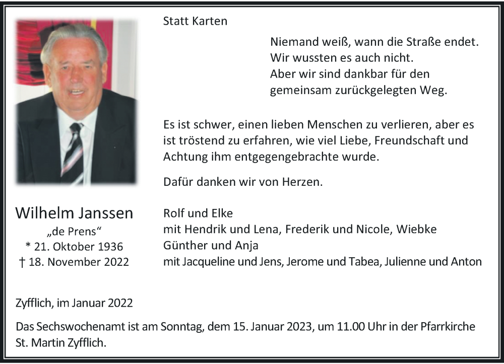  Traueranzeige für Wilhelm Janssen vom 07.01.2023 aus Rheinische Post