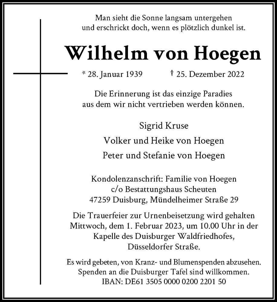  Traueranzeige für Wilhelm von Hoegen vom 28.01.2023 aus Rheinische Post