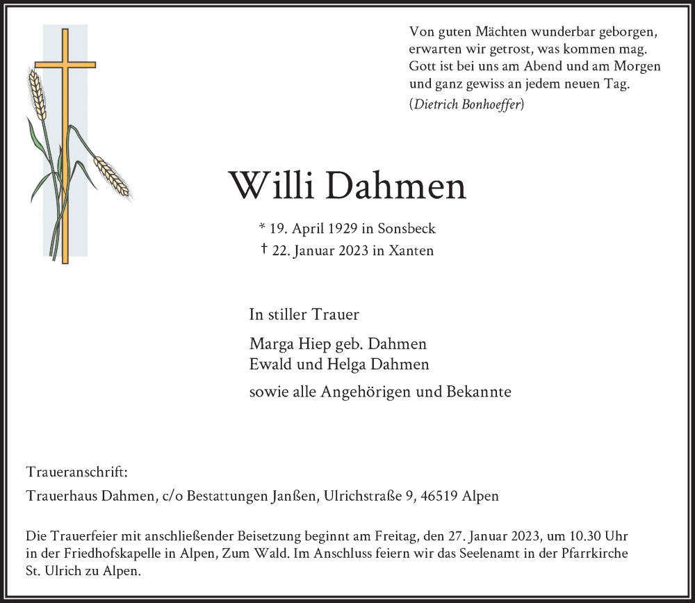  Traueranzeige für Willi Dahmen vom 25.01.2023 aus Rheinische Post