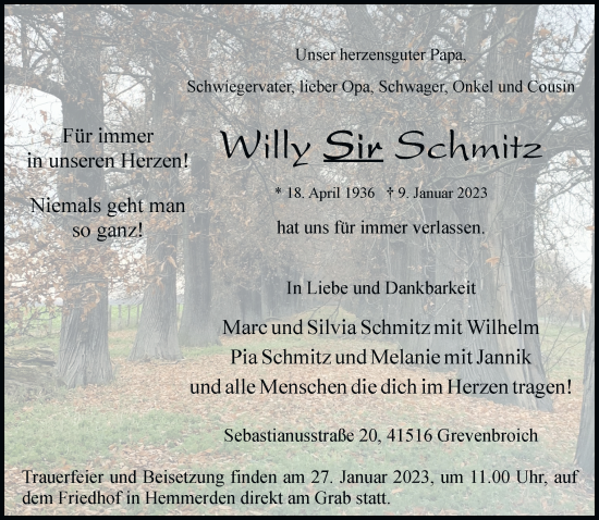 Traueranzeige von Willy Sir Schmitz von Rheinische Post