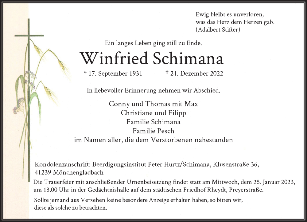  Traueranzeige für Winfried Schimana vom 14.01.2023 aus Rheinische Post