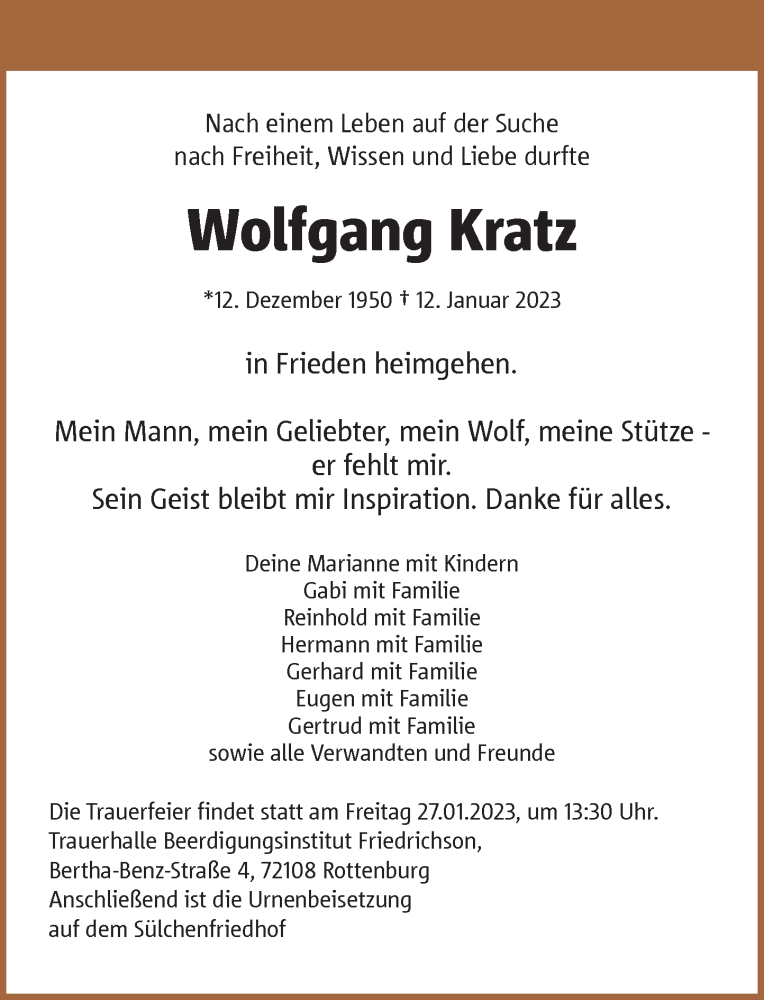  Traueranzeige für Wolfgang Kratz vom 25.01.2023 aus Rheinische Post