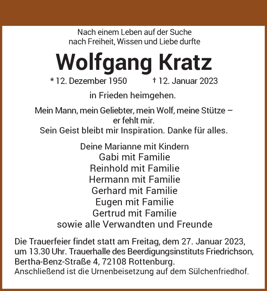  Traueranzeige für Wolfgang Kratz vom 24.01.2023 aus Rheinische Post