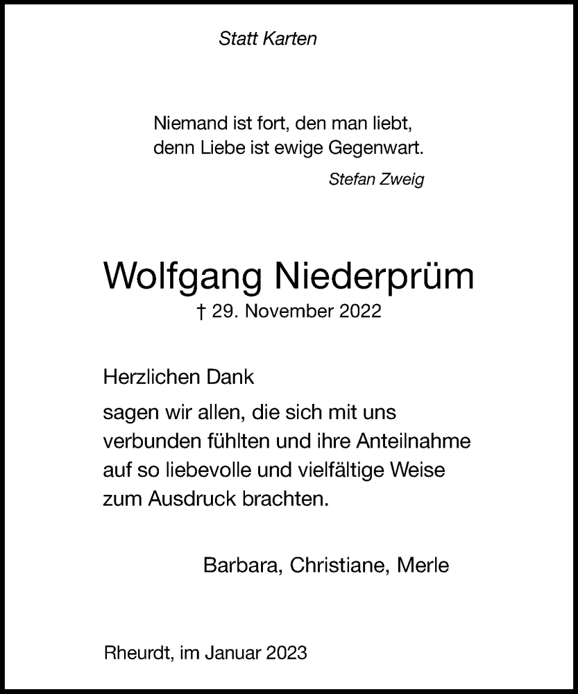  Traueranzeige für Wolfgang Niederprüm vom 07.01.2023 aus Rheinische Post
