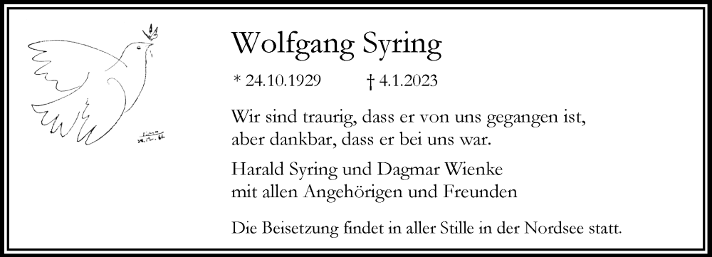  Traueranzeige für Wolfgang Syring vom 14.01.2023 aus Rheinische Post
