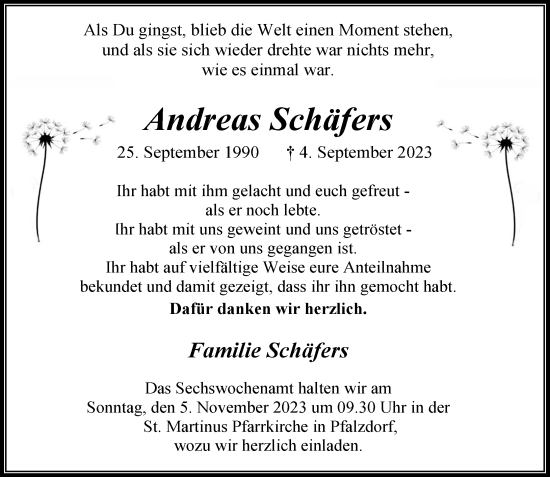 Traueranzeige von Andreas Schäfers von Rheinische Post