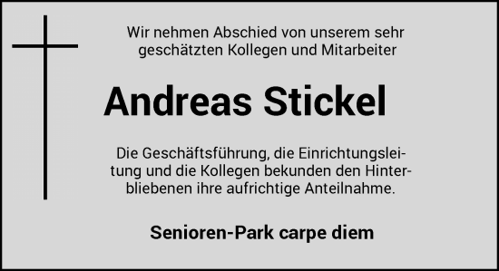 Traueranzeige von Andreas Stickel von Rheinische Post