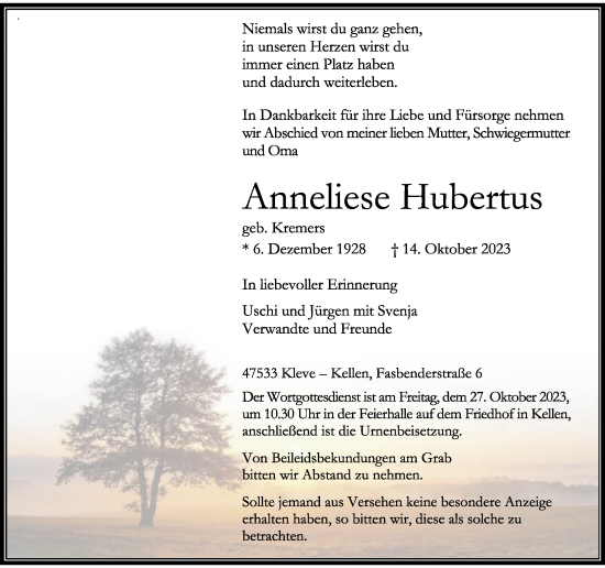 Traueranzeige von Anneliese Hubertus von Rheinische Post