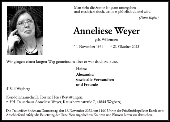 Traueranzeige von Anneliese Weyer von Rheinische Post