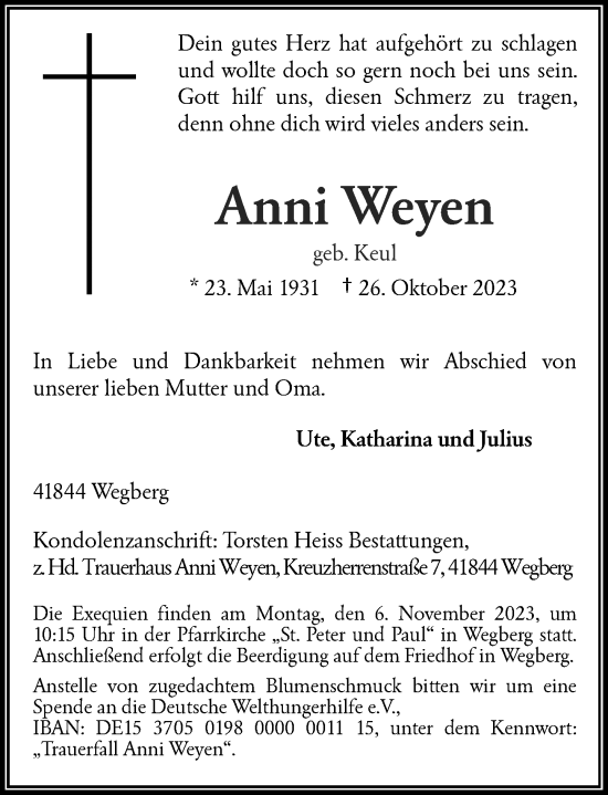 Traueranzeige von Anni Weyen von Rheinische Post