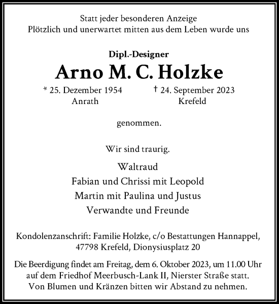 Traueranzeige von Arno M. C. Holzke von Rheinische Post