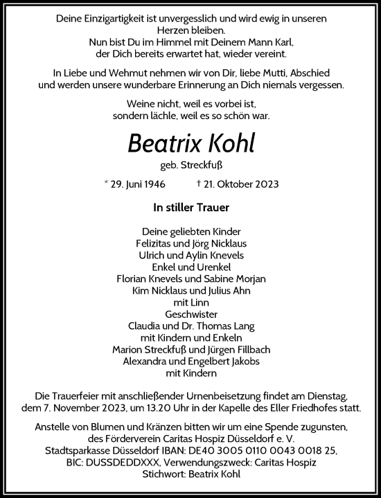 Traueranzeige von Beatrix Kohl von Rheinische Post