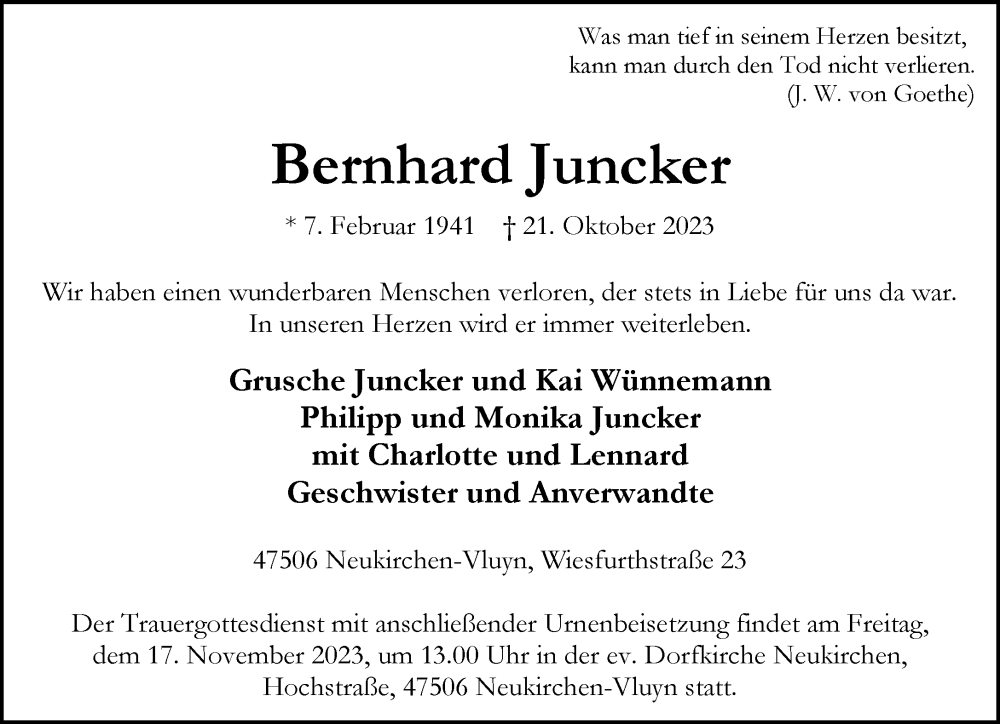  Traueranzeige für Bernhard Juncker vom 11.11.2023 aus Rheinische Post