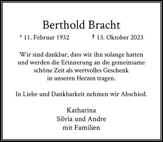 Traueranzeige von Berthold Bracht von Rheinische Post