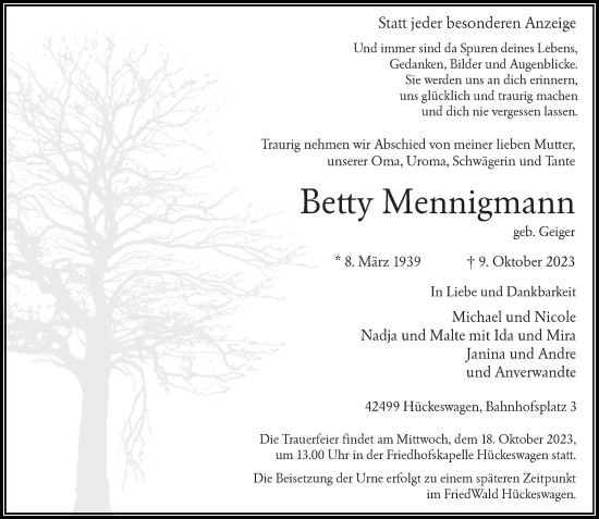 Traueranzeige von Betty Mennigmann von Rheinische Post