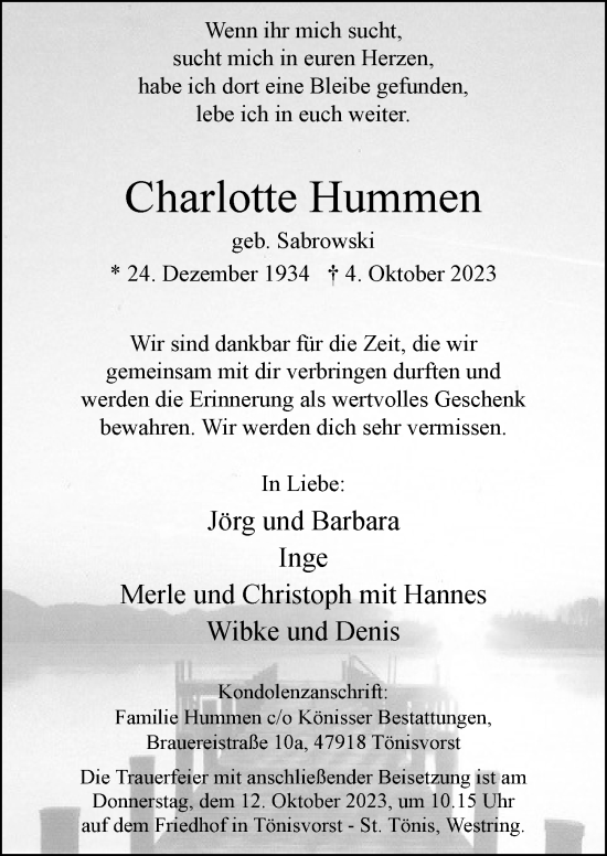 Traueranzeige von Charlotte Hummen von Rheinische Post