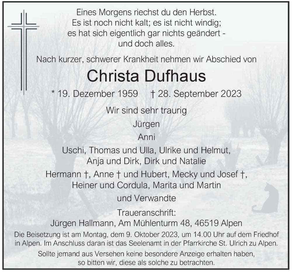  Traueranzeige für Christa Dufhaus vom 07.10.2023 aus Rheinische Post