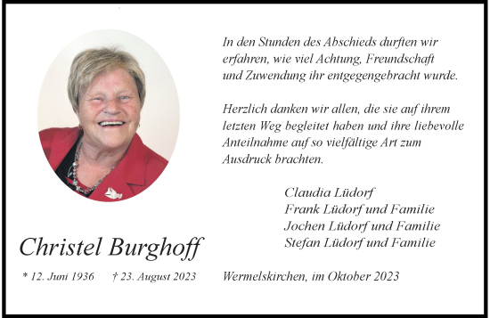 Traueranzeige von Christel Burghoff von Rheinische Post