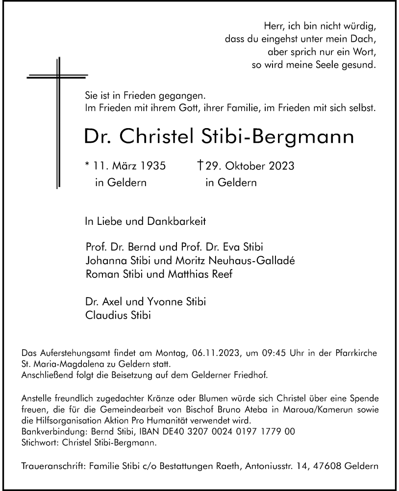  Traueranzeige für Christel Stibi-Bergmann vom 01.11.2023 aus Rheinische Post