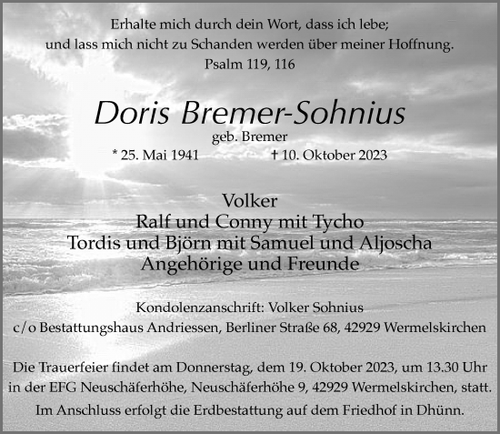 Traueranzeige von Doris Bremer-Sohnius von Rheinische Post