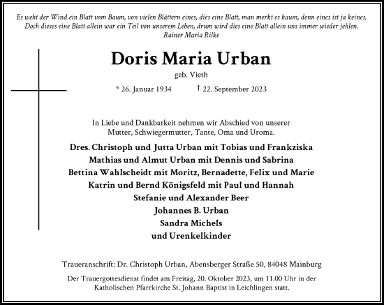 Traueranzeige von Doris Maria Urban von Rheinische Post