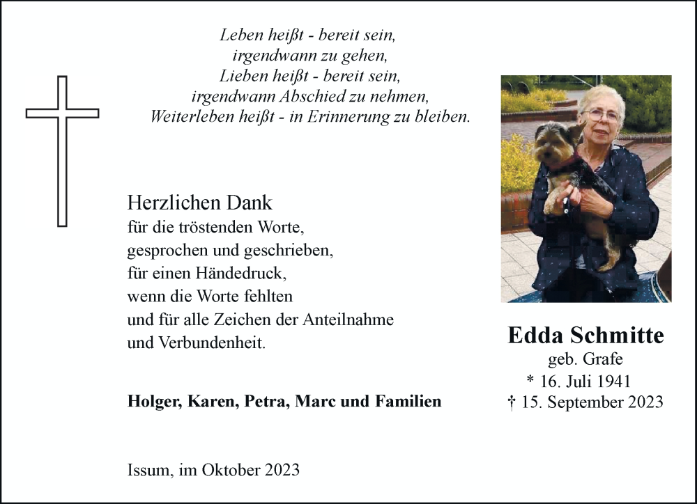  Traueranzeige für Edda Schmitte vom 18.10.2023 aus Rheinische Post