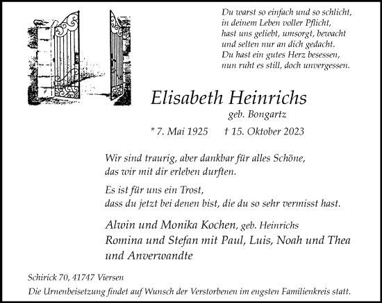 Traueranzeige von Elisabeth Heinrichs von Rheinische Post