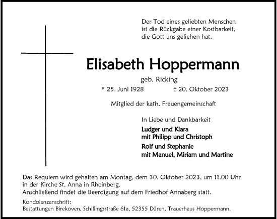 Traueranzeige von Elisabeth Hoppermann von Rheinische Post