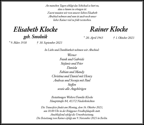 Traueranzeige von Elisabeth und Rainer Klocke von Rheinische Post