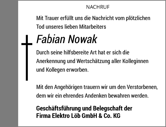 Traueranzeige von Fabian Nowak von Rheinische Post