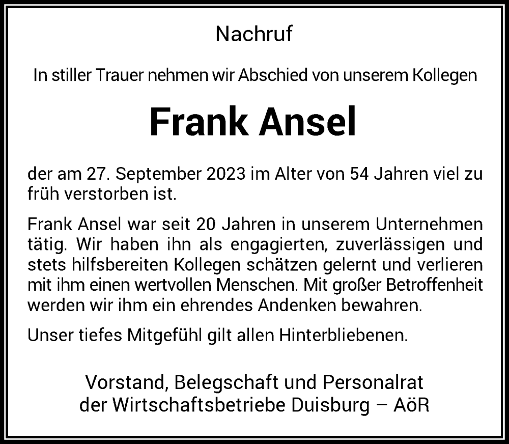  Traueranzeige für Frank Ansel vom 05.10.2023 aus Rheinische Post