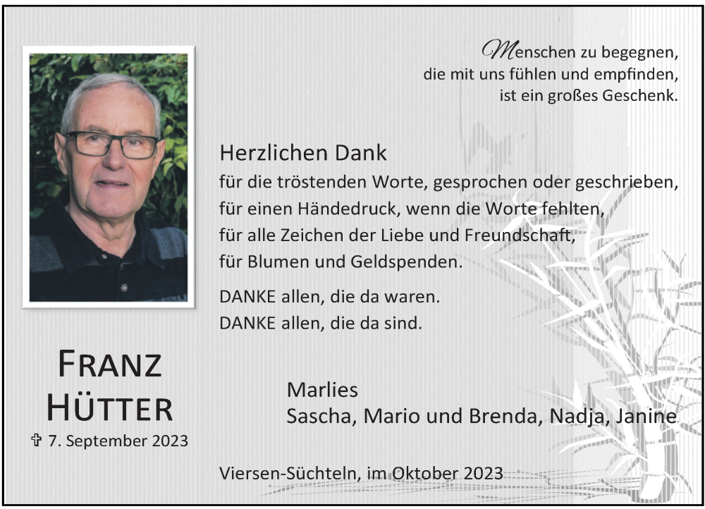  Traueranzeige für Franz Hütter vom 07.10.2023 aus Rheinische Post