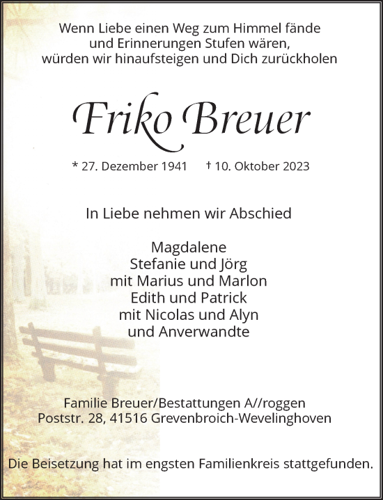 Traueranzeige von Friko Breuer von Rheinische Post