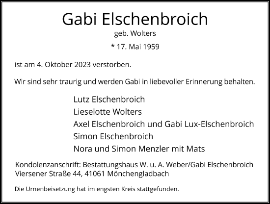 Traueranzeige von Gabi Elschenbroich von Rheinische Post