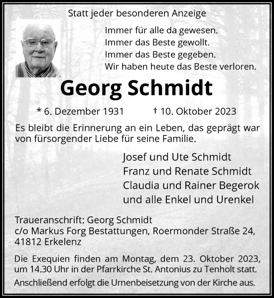 Traueranzeige von Georg Schmidt von Rheinische Post