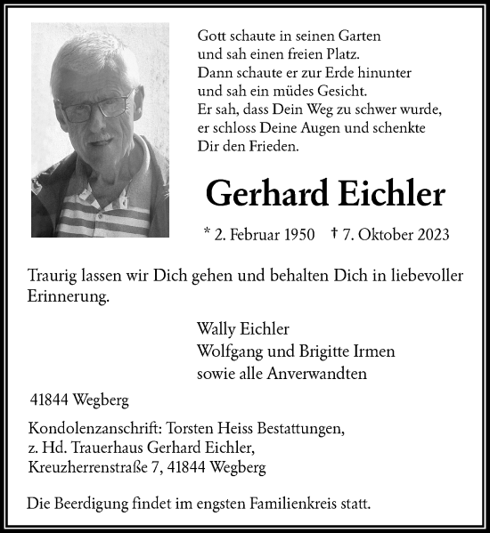 Traueranzeige von Gerhard Eichler von Rheinische Post