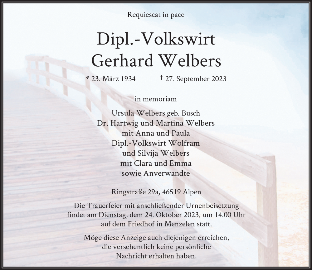  Traueranzeige für Gerhard Welbers vom 07.10.2023 aus Rheinische Post