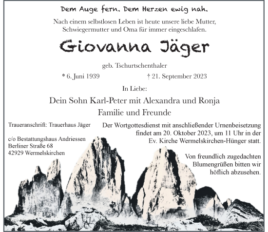 Traueranzeige von Giovanna Jäger von Rheinische Post