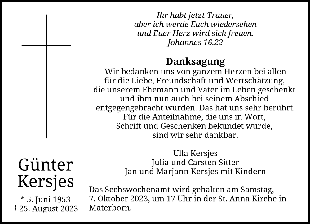  Traueranzeige für Günter Kersjes vom 07.10.2023 aus Rheinische Post