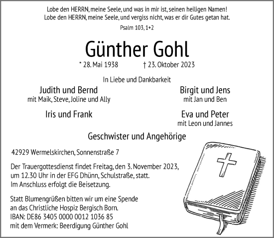 Traueranzeige von Günther Gohl von Rheinische Post